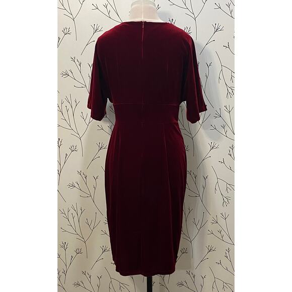 GOWNTOWN Burgundy Stretch Velvet Butterfly Sleeve Surplice LARGE Pencil Dress - Picture 6 of 8
